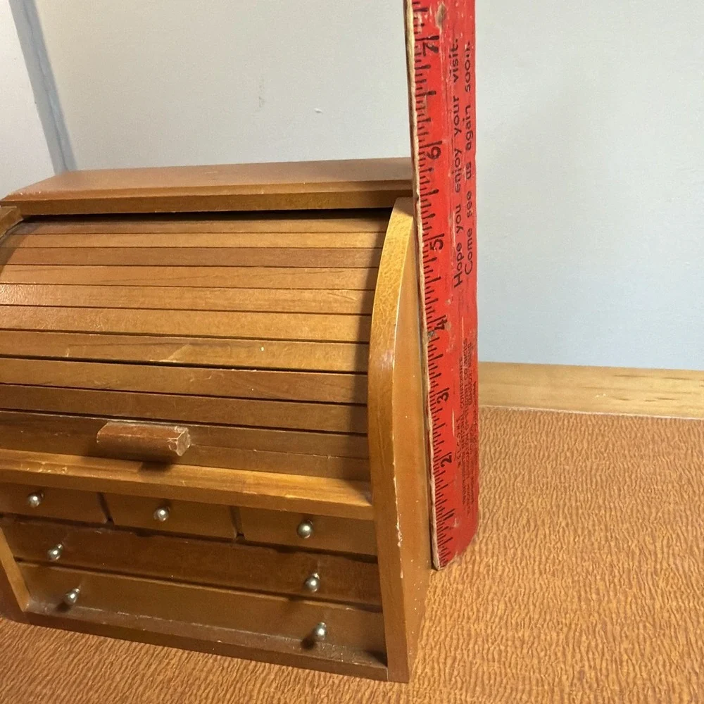Vintage Wooden Roll Top Jewelry Box Mini Desk Organizer Drawers Made in Taiwan